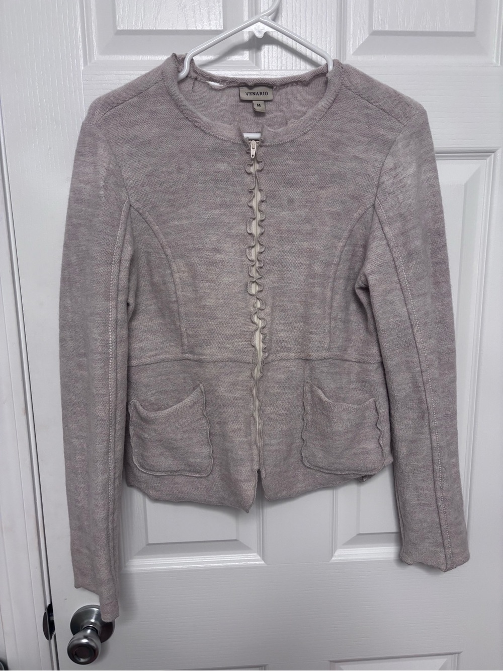 Venario 100 percent wool Light Taupe Zip-Front Knit Sweater
